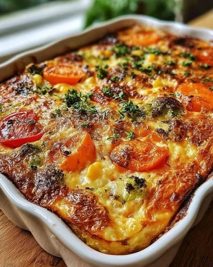 Mediterranean Cottage Cheese Veggie Bake with colorful vegetables and cheese
