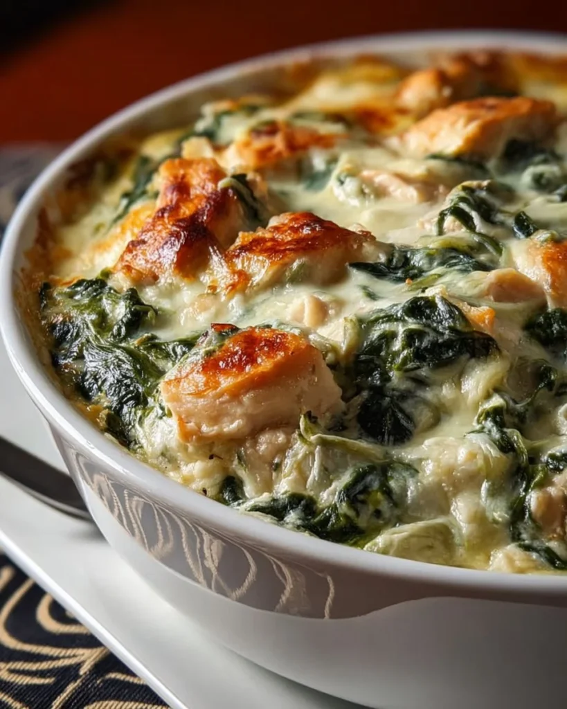 Mediterranean Creamy Chicken Spinach Artichoke Casserole ready to serve.