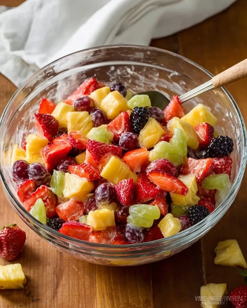 Mediterranean creamy fresh fruit salad with colorful fruits in a bowl