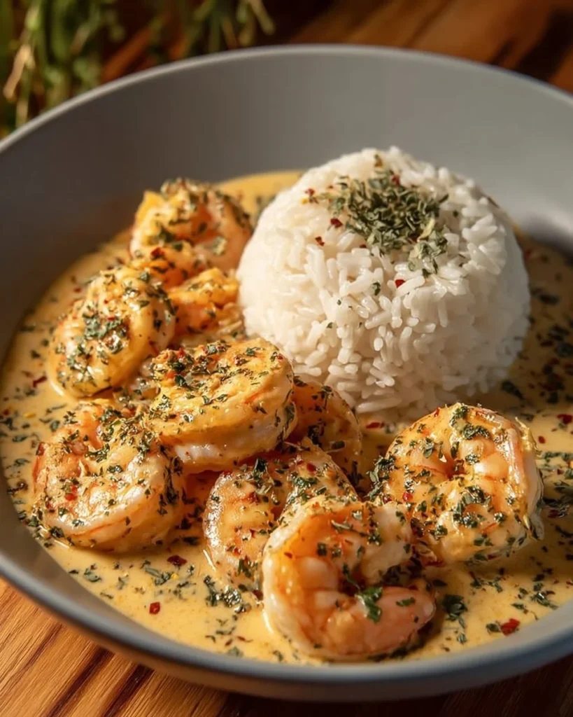 Mediterranean Garlic Butter Shrimp Bowl with Herb Rice garnished with fresh herbs