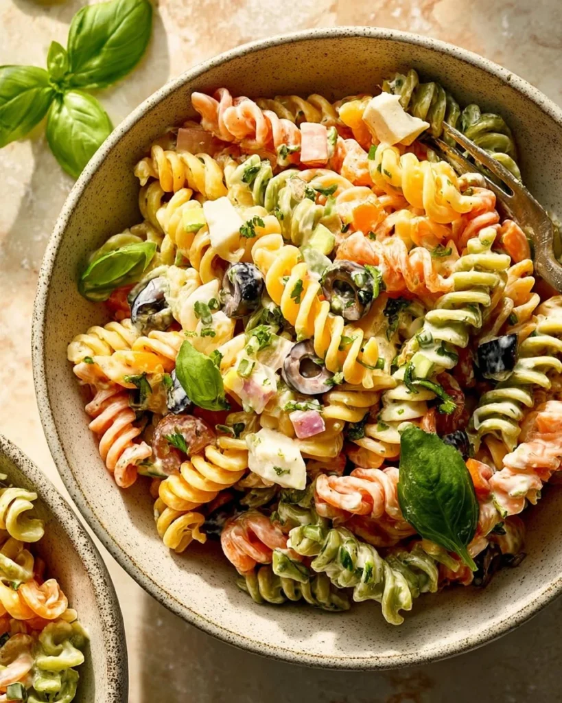 Delicious Mediterranean Creamy Italian Pasta Salad with fresh ingredients