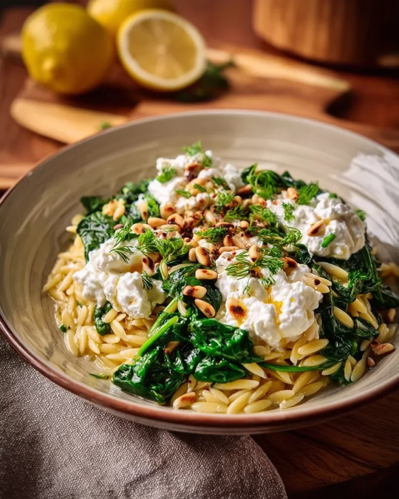 Creamy lemon orzo with spinach, feta, and pine nuts served in a dish