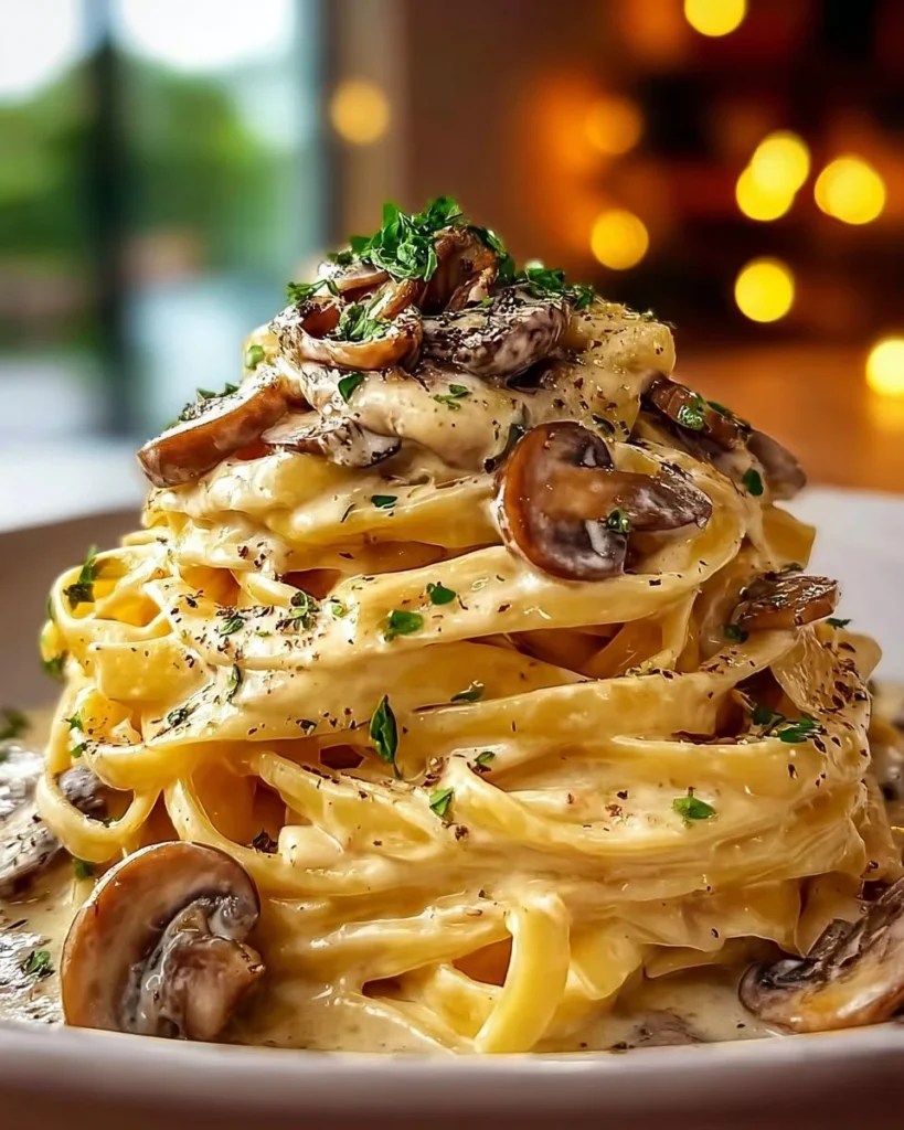 Creamy mushroom and beef spaghetti topped with parsley on a plate