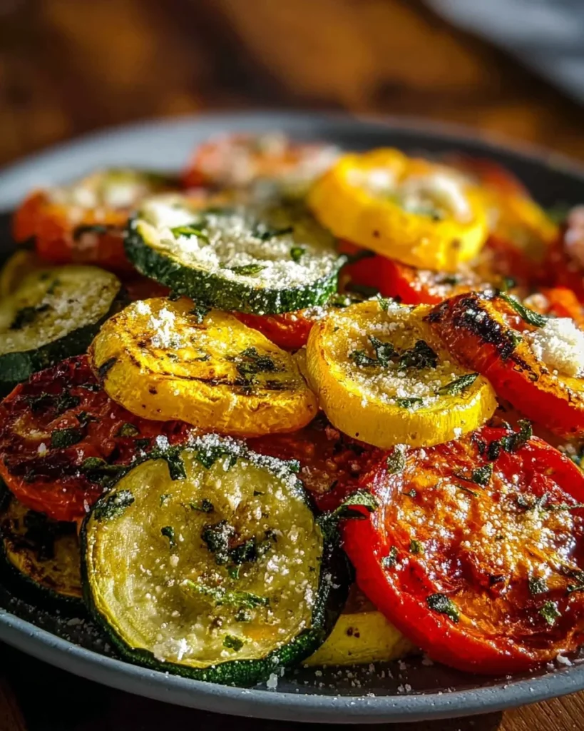 Plate of crispy roasted zucchini, squash, and tomatoes garnished with herbs