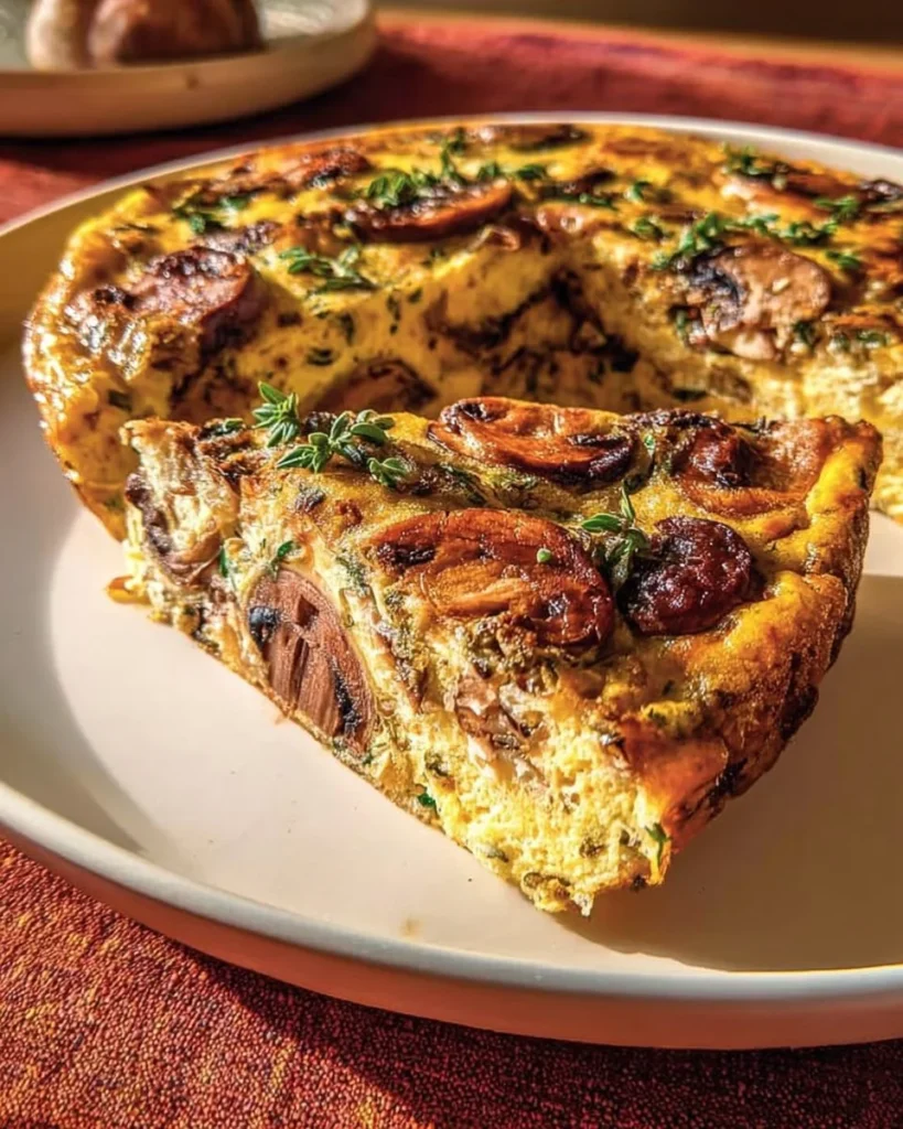 Mediterranean crustless mushroom and Swiss quiche served on a plate