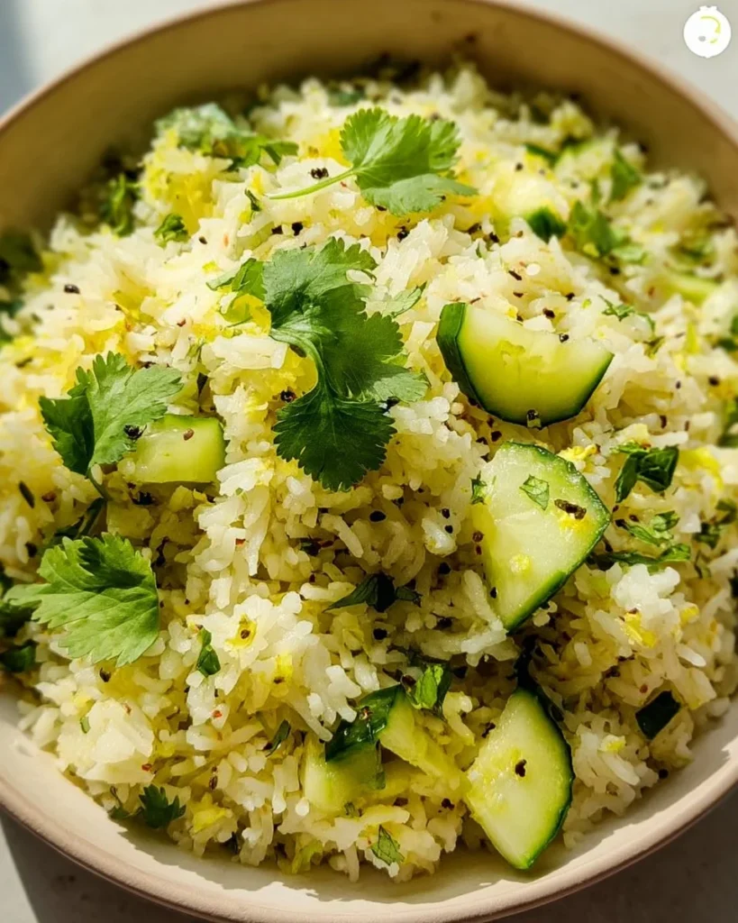 Mediterranean Cucumber salad with spiced rice garnished with herbs