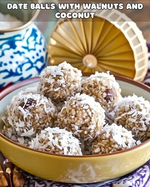 Mediterranean Date Balls with Walnuts and Coconut on a plate