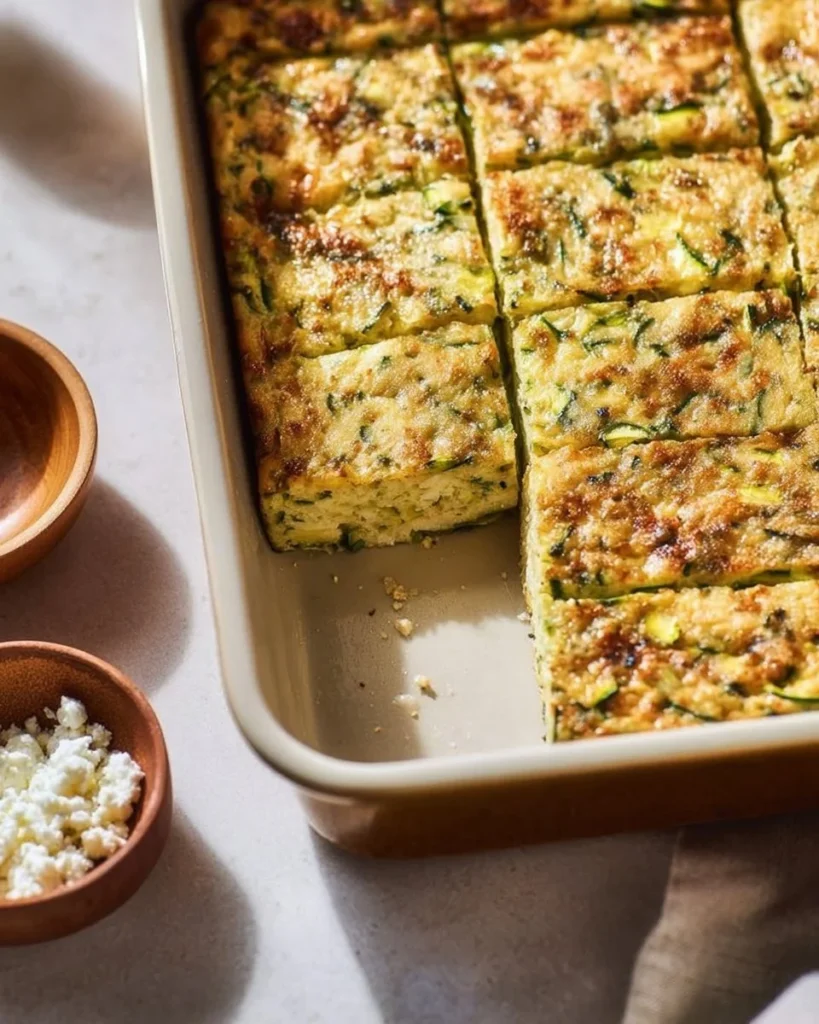 Mediterranean easy zucchini casserole topped with cheese and herbs in a baking dish.