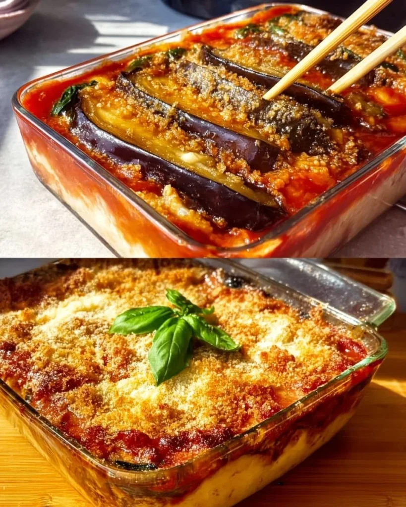 Mediterranean Eggplant Parmesan topped with fresh herbs and cheese