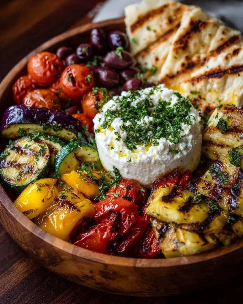Mediterranean feta and roasted veggie board with colorful vegetables and feta cheese