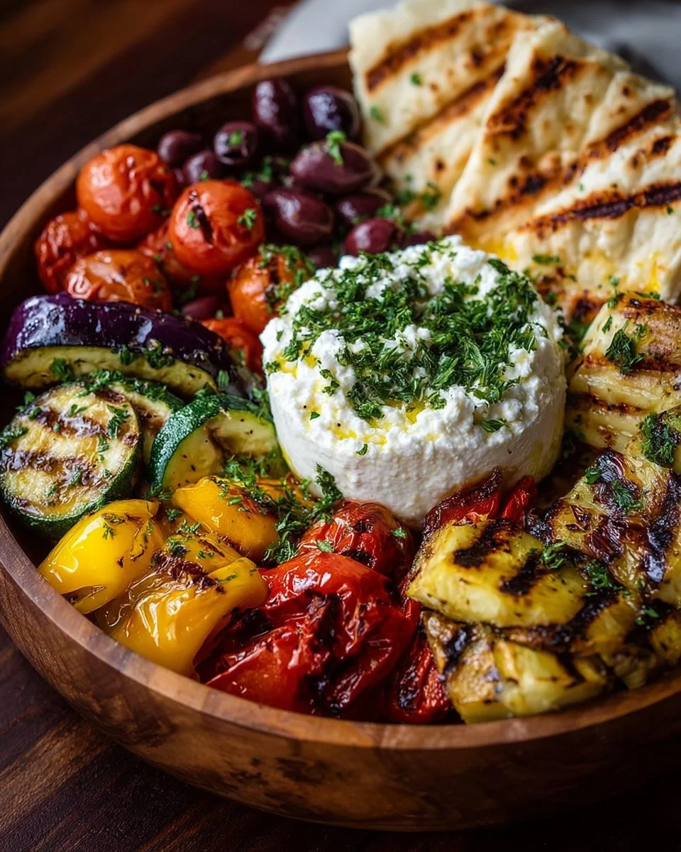 Mediterranean feta and roasted veggie board with colorful vegetables and feta cheese