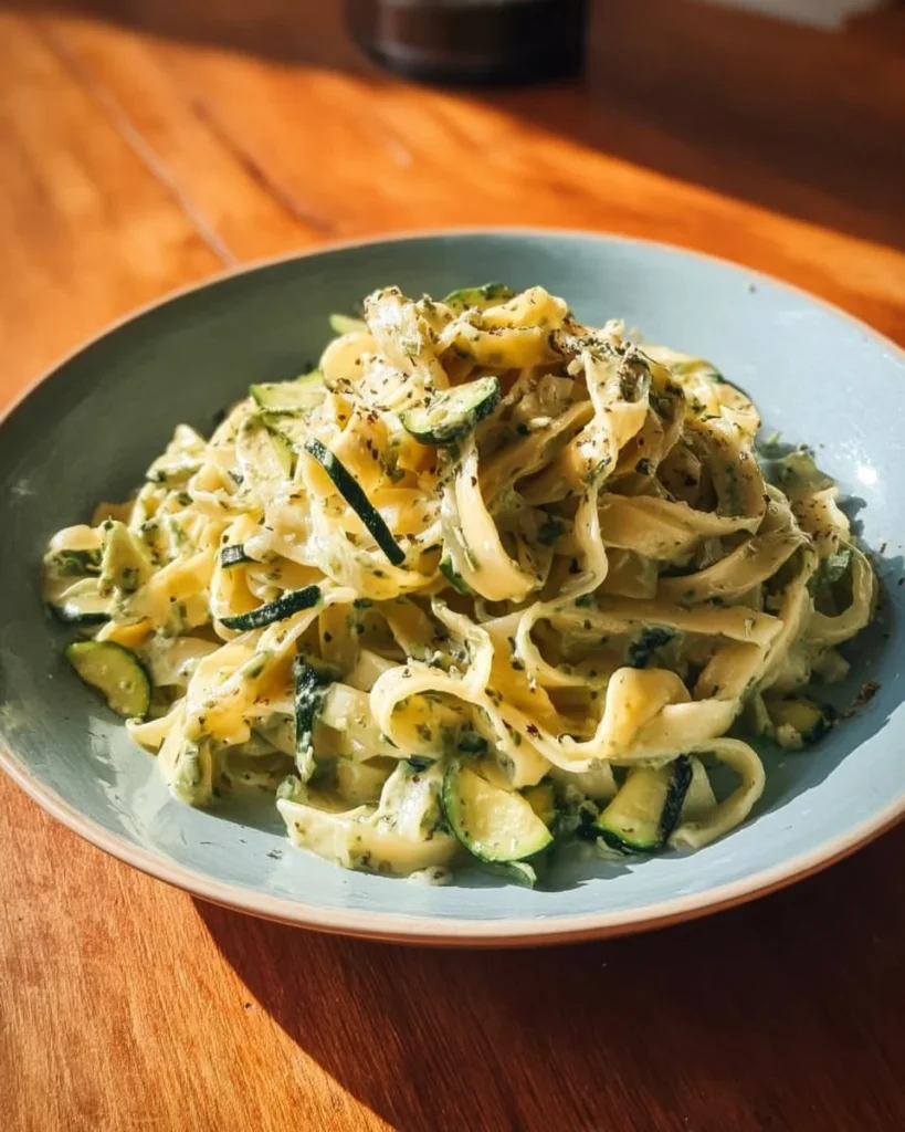 Plate of Mediterranean Fettuccine with Zucchini garnished with fresh herbs