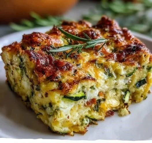 Mediterranean Garden Zucchini Casserole served in a baking dish