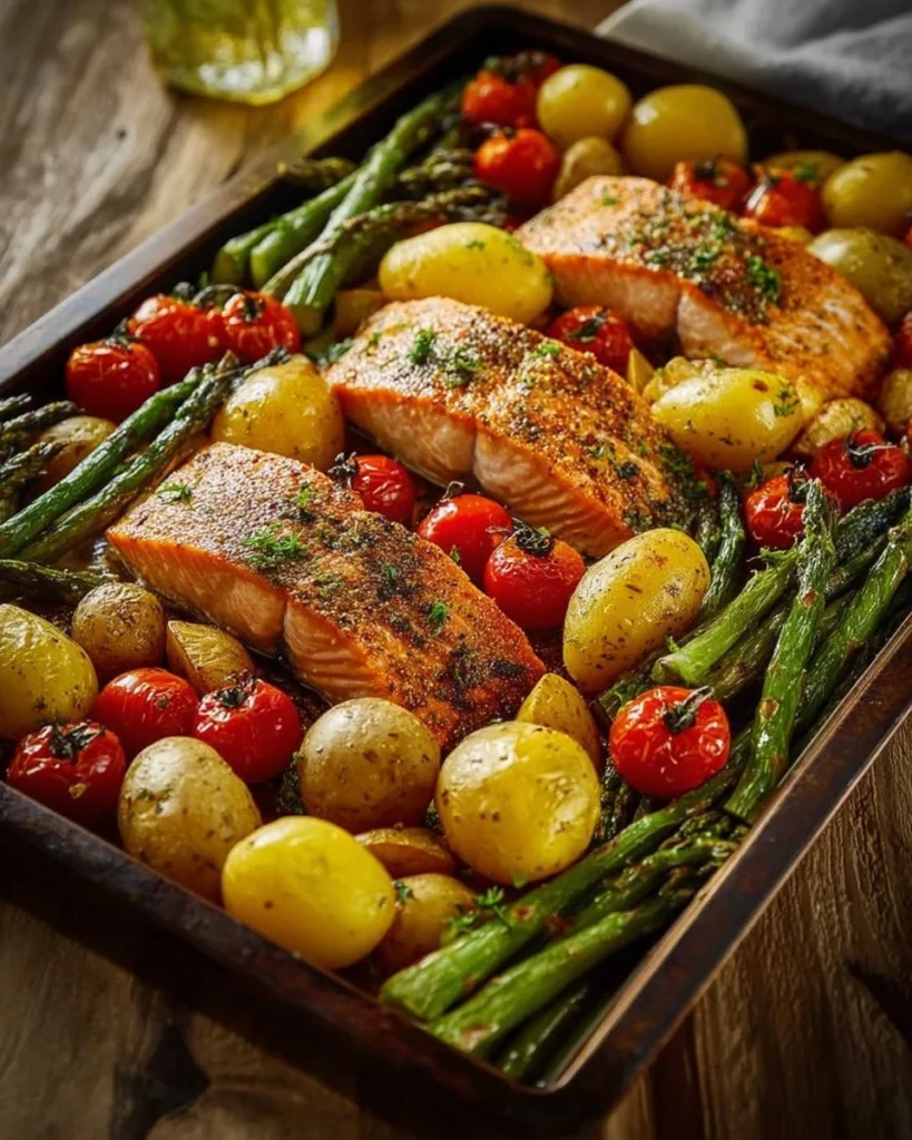 Plate of Mediterranean Garlic Butter Salmon with roasted potatoes, glazed carrots, and steamed broccoli.