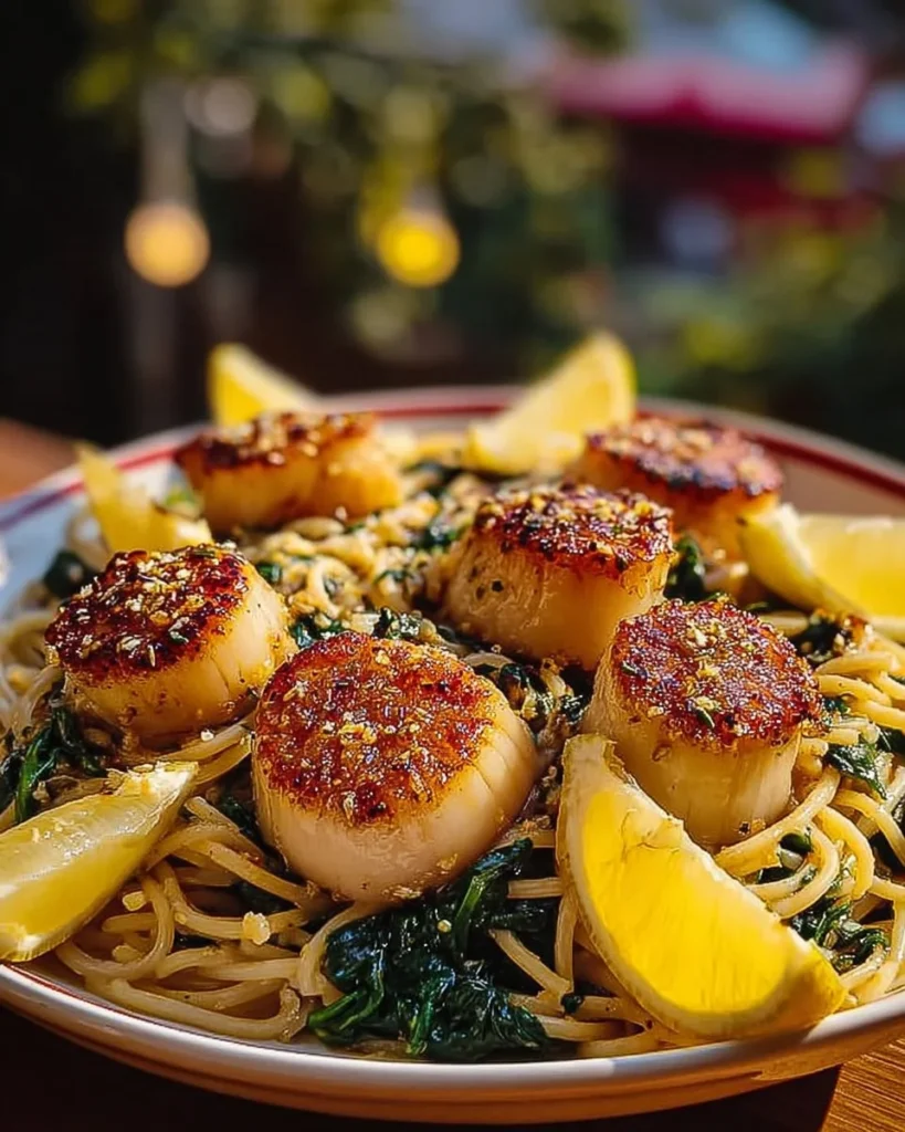 Plate of Mediterranean Garlic Butter Scallop Linguine with Spinach garnished with herbs