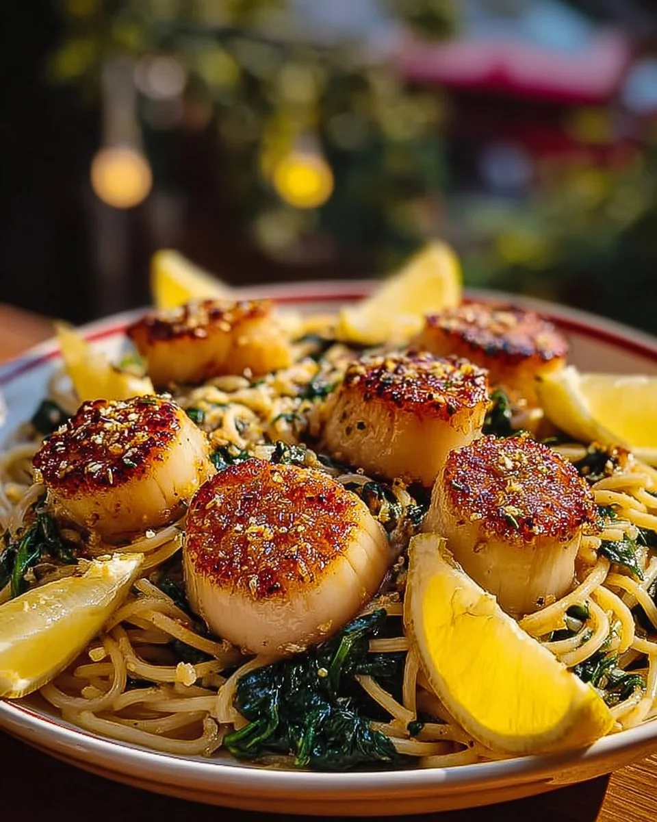 Plate of Mediterranean Garlic Butter Scallop Linguine with Spinach garnished with herbs