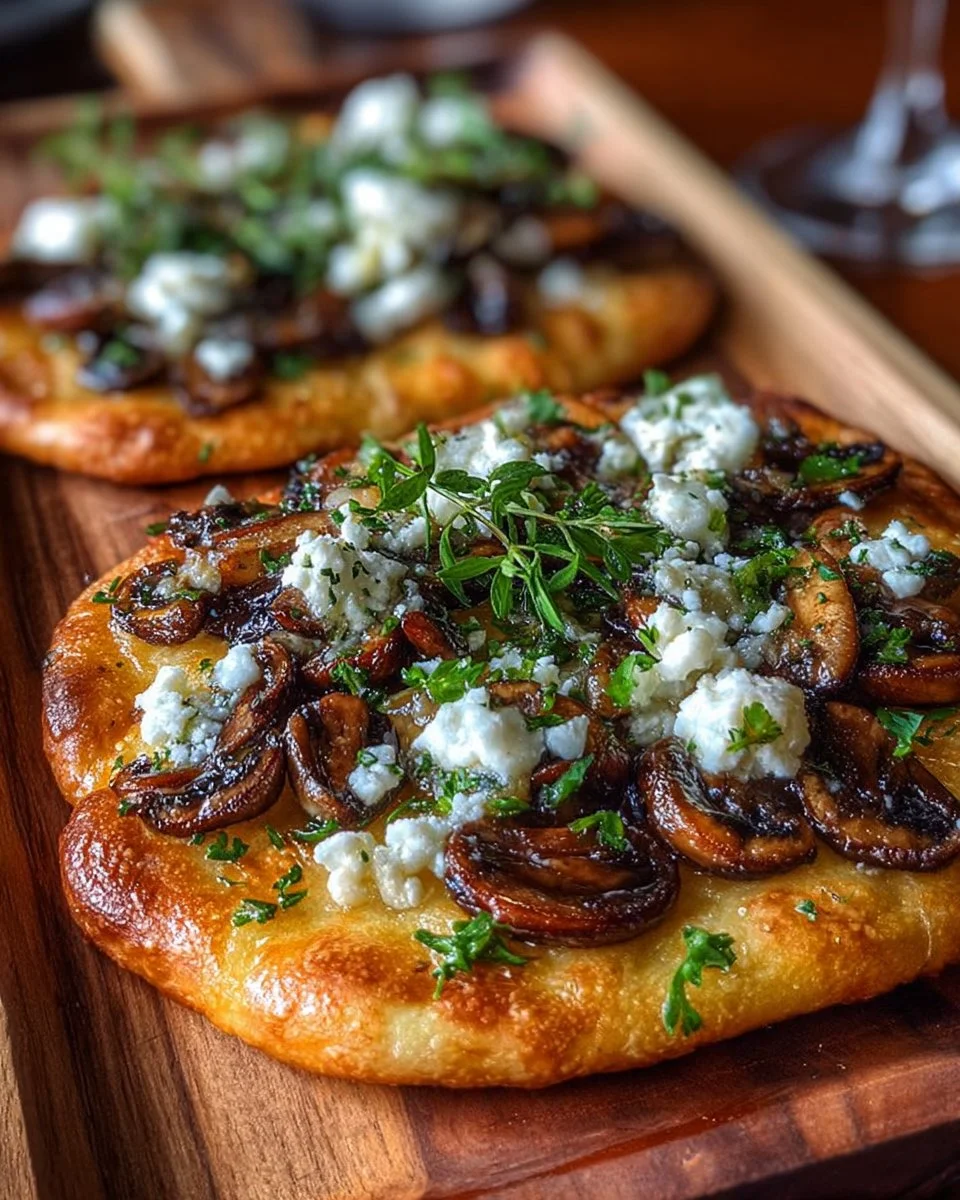 Mediterranean Garlic Mushroom Flatbread topped with burrata cheese