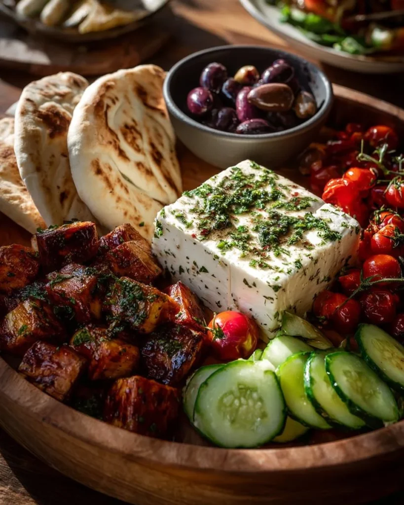 Mediterranean Grazing Board featuring Feta cheese, fresh herbs, and colorful ingredients