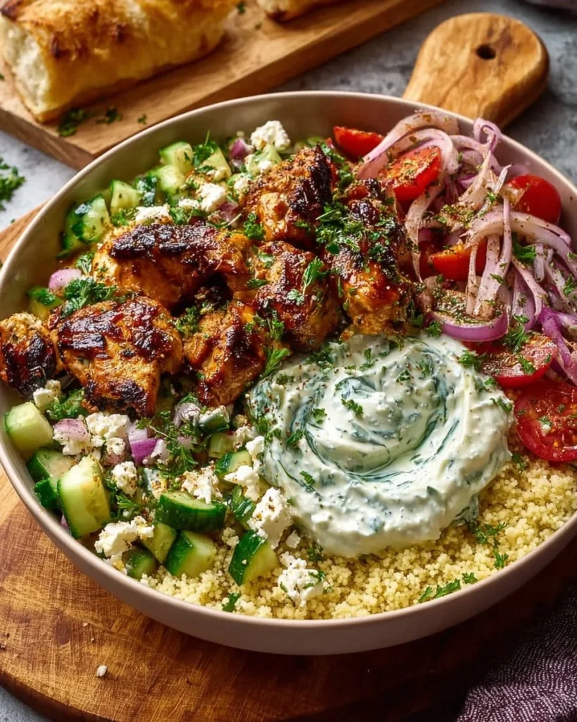 Mediterranean Greek Chicken Souvlaki bowl served with tzatziki sauce