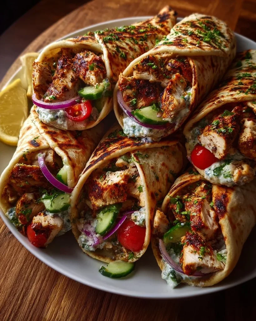 Mediterranean Greek Chicken Wraps with Tzatziki Sauce ready to serve