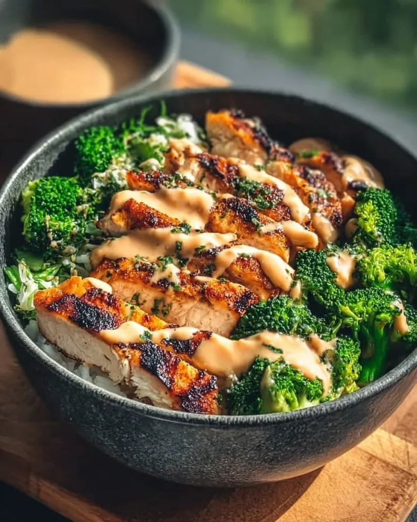 Mediterranean grilled chicken and broccoli bowl with creamy garlic sauce