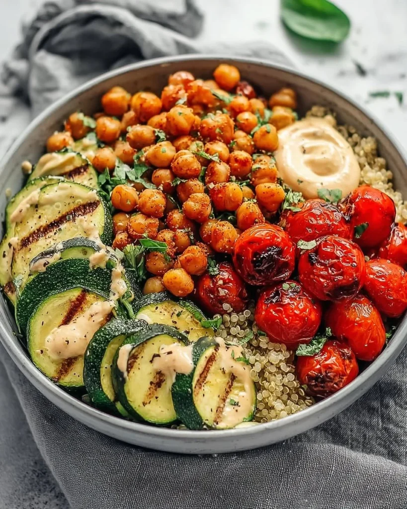 Mediterranean grilled chickpea quinoa salad garnished with fresh vegetables