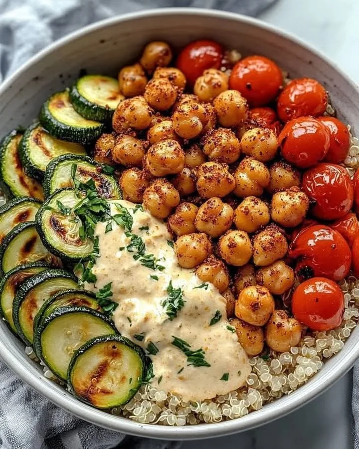 Mediterranean grilled chickpea salad with quinoa and cucumber
