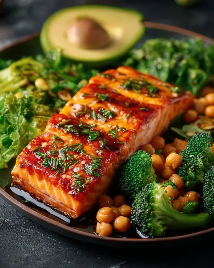 Mediterranean Grilled Salmon Power Bowl with colorful vegetables and grains