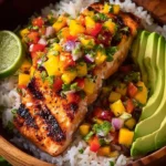 Mediterranean grilled salmon with mango salsa and rice on a plate