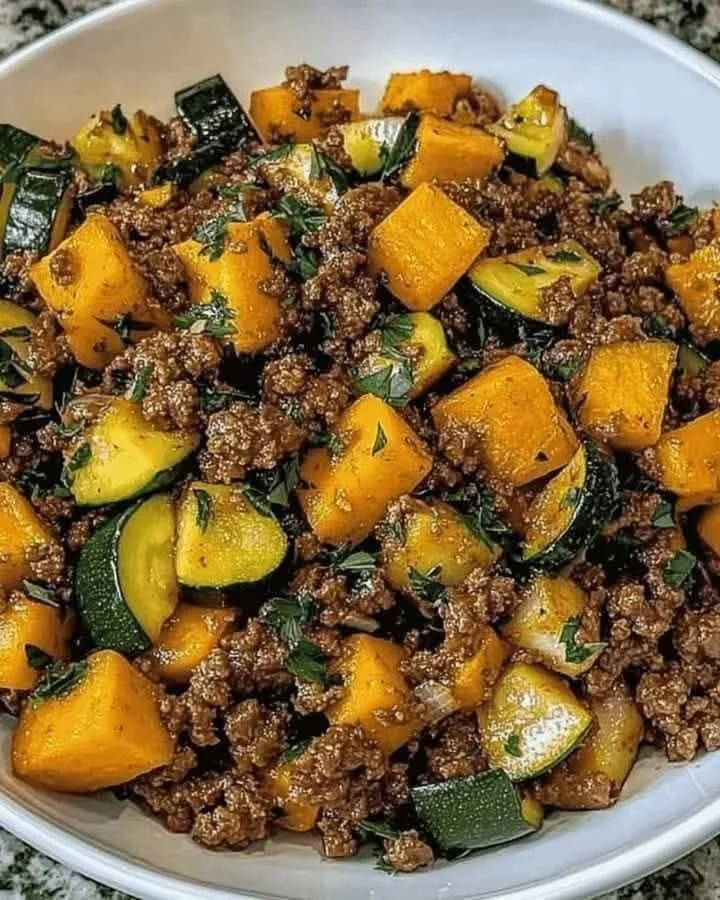 Mediterranean ground beef skillet with sweet potatoes and zucchini dish