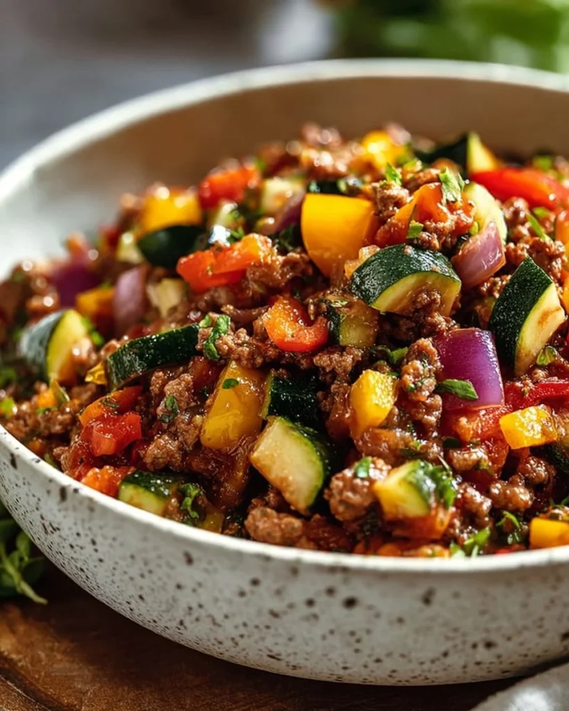 Mediterranean ground beef stir fry with colorful vegetables in a skillet