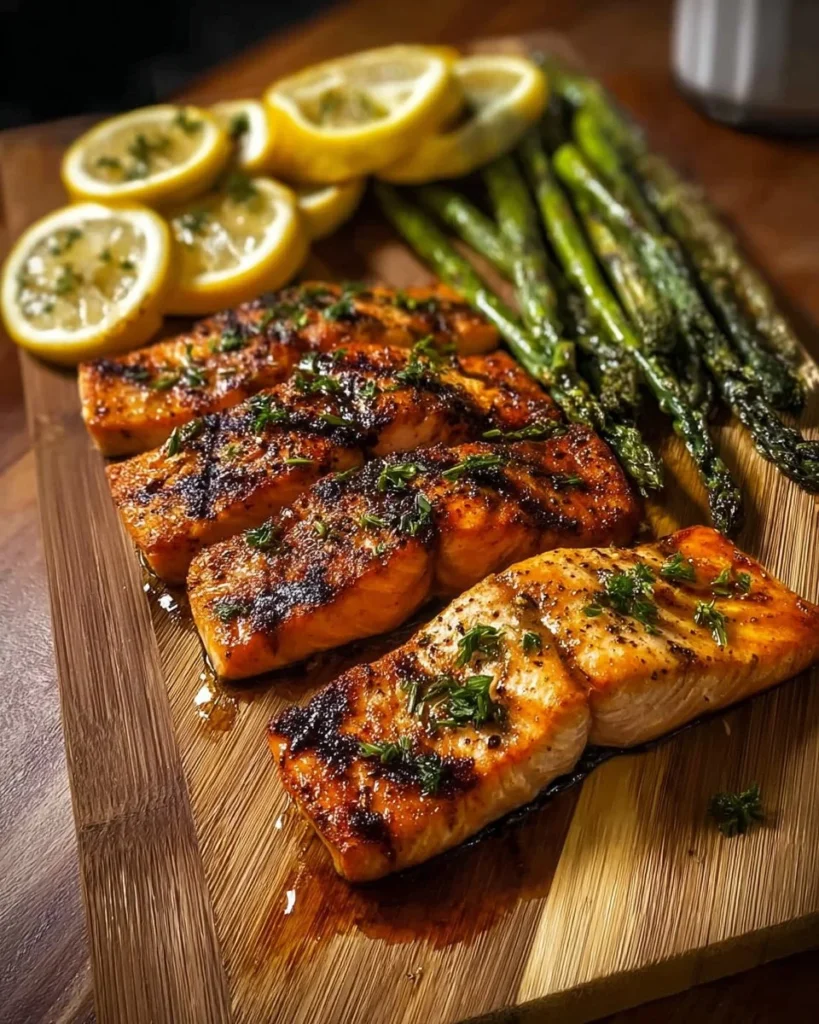 Mediterranean grilled salmon with garlic, baby potatoes, and asparagus on a plate