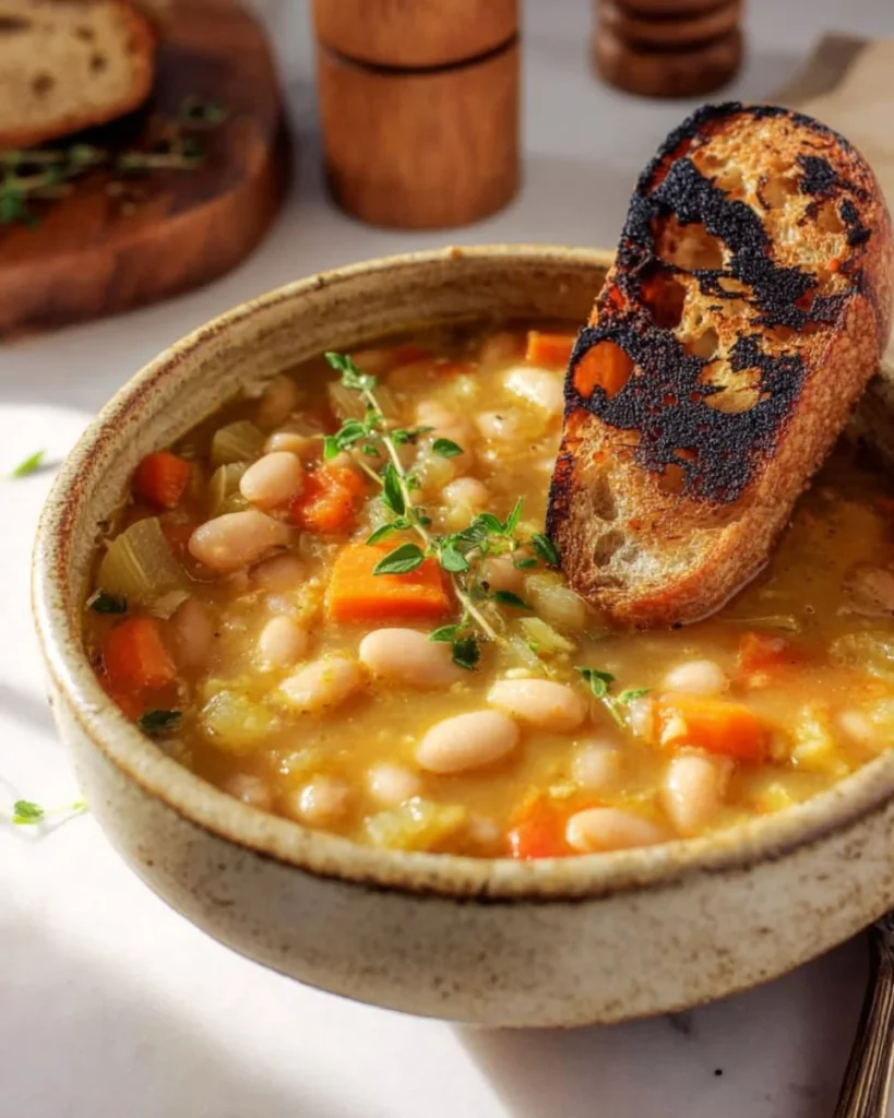 Bowl of Mediterranean Italian white bean stew garnished with herbs.