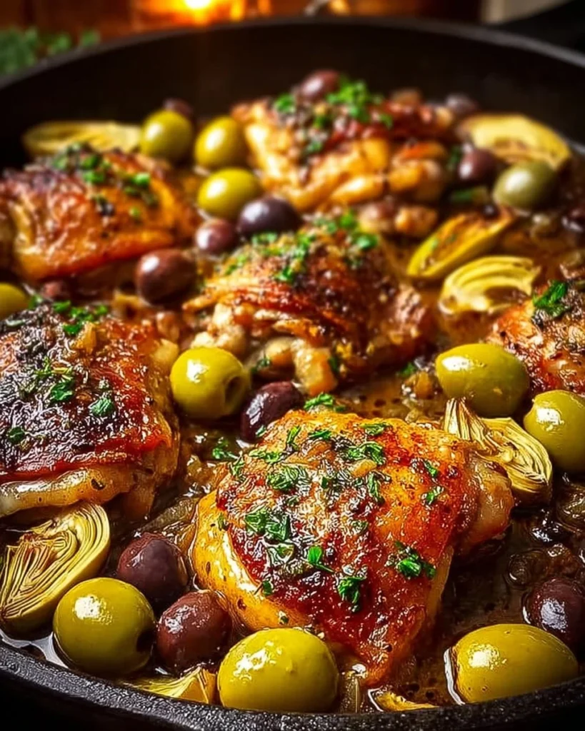 Mediterranean Lemon Chicken with Artichokes and Olives in a serving dish