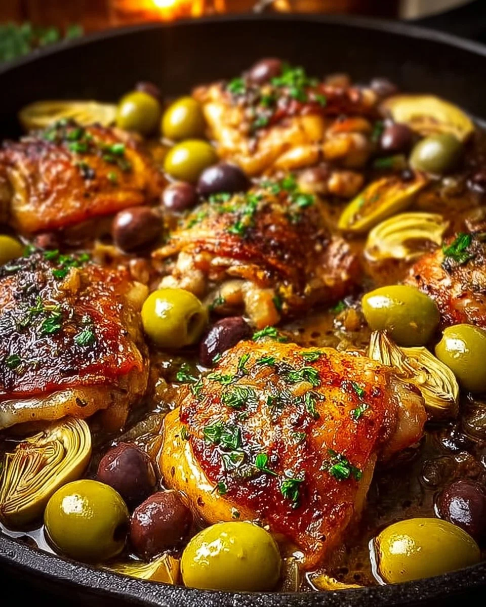Mediterranean Lemon Chicken with Artichokes and Olives in a serving dish