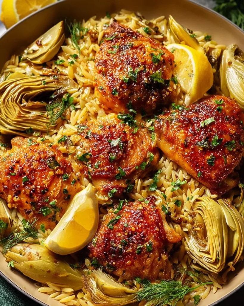 Plate of Mediterranean Lemon Chicken with Artichokes and Orzo