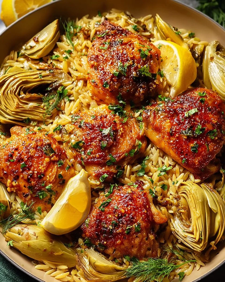 Plate of Mediterranean Lemon Chicken with Artichokes and Orzo