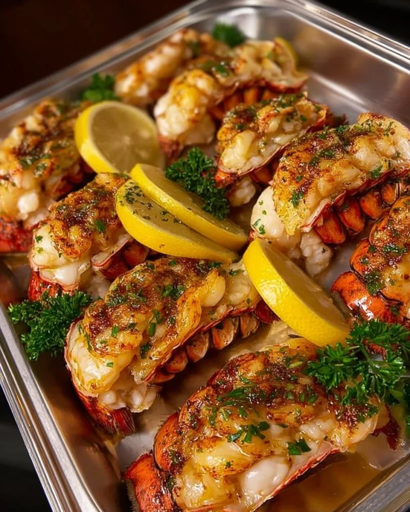 Mediterranean Lemon Garlic Lobster Tails garnished with herbs and lemon
