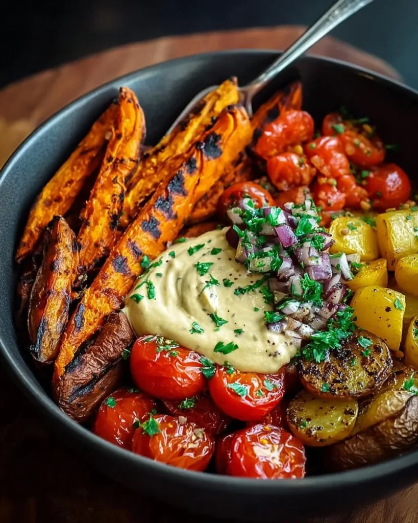 Mediterranean Lentil Bowl topped with roasted vegetables and herbs