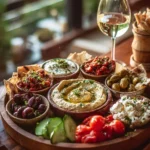 A beautifully arranged Mediterranean mezze grazing platter with dips and fresh ingredients.