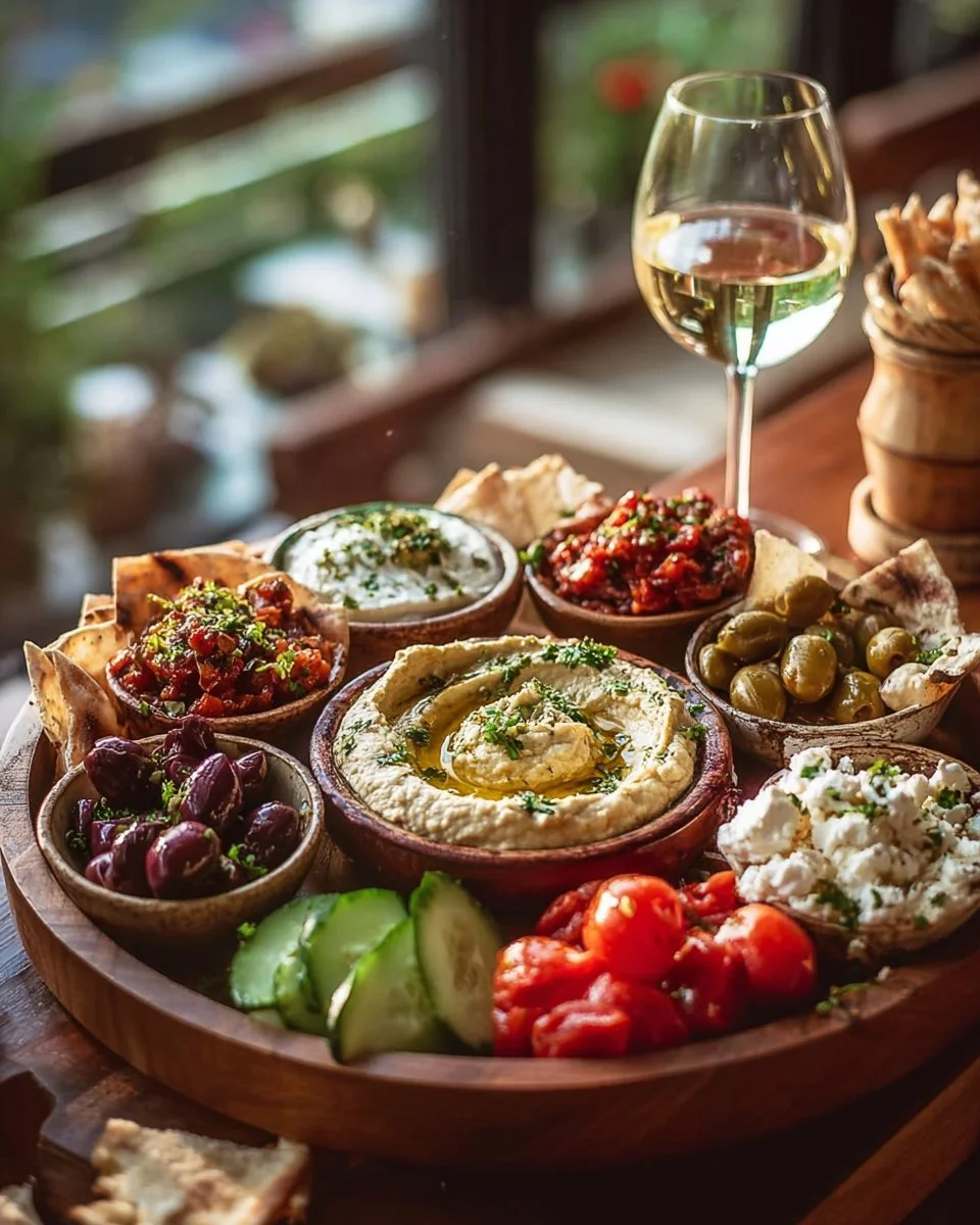 A beautifully arranged Mediterranean mezze grazing platter with dips and fresh ingredients.
