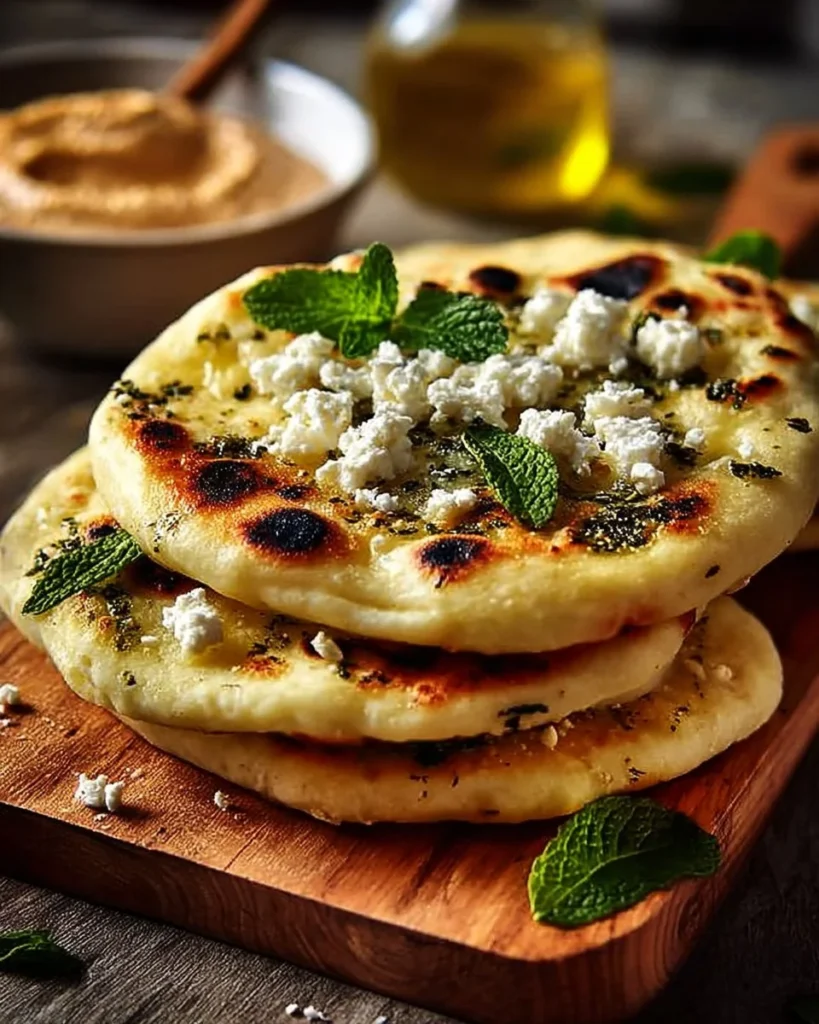 Mediterranean mint and feta stuffed flatbreads on a plate