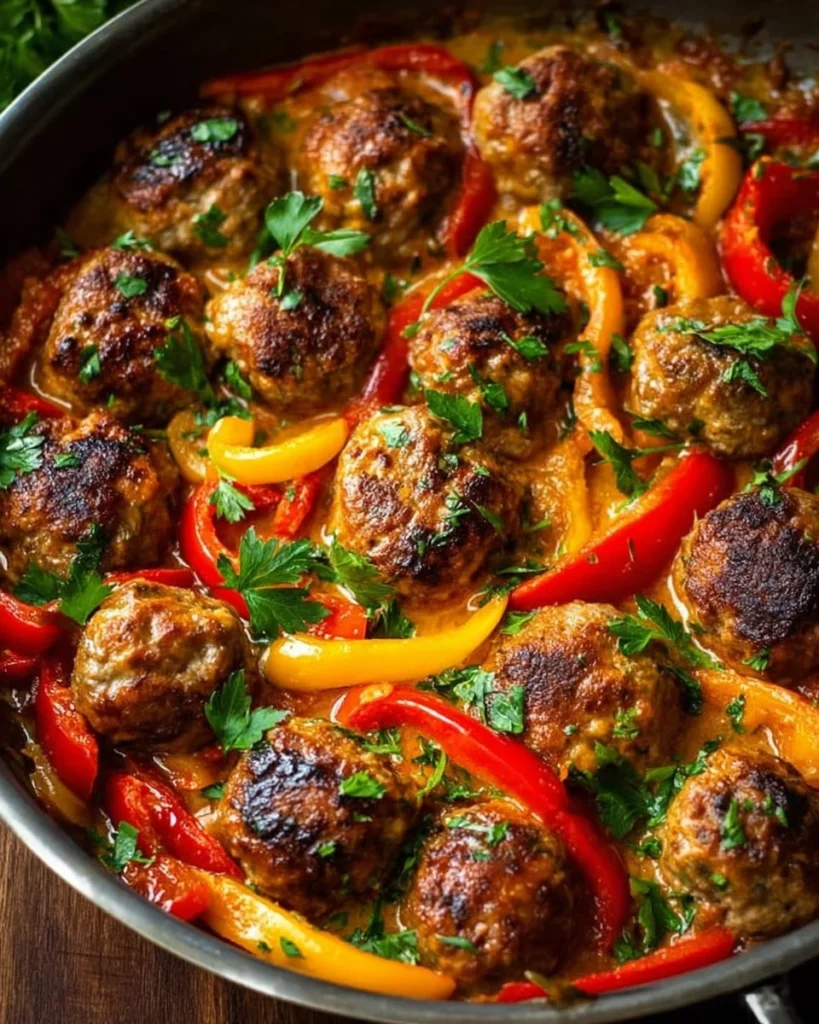 Creamy bell pepper chicken meatballs served in a Mediterranean dish