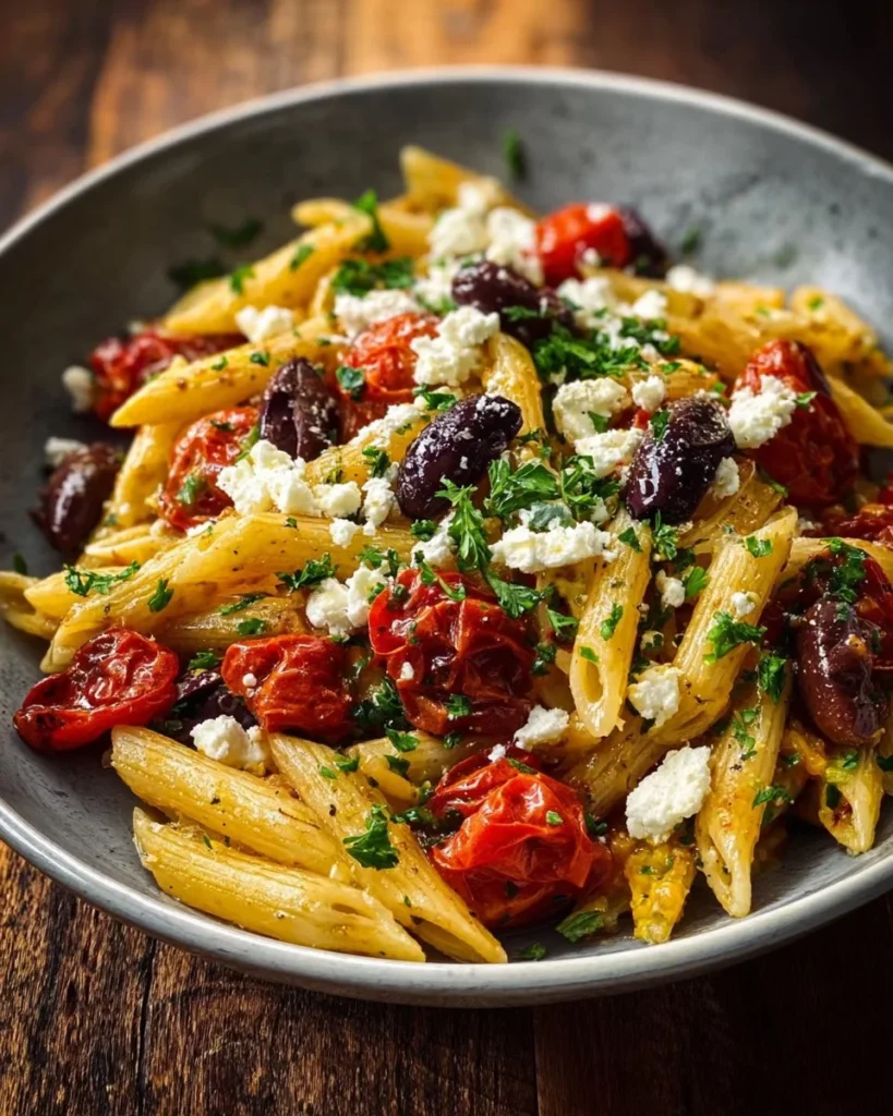 One-pot Mediterranean Greek pasta with feta, cherry tomatoes, and olives.