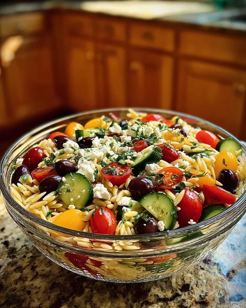 Mediterranean Orzo Salad with vegetables and herbs in a bowl