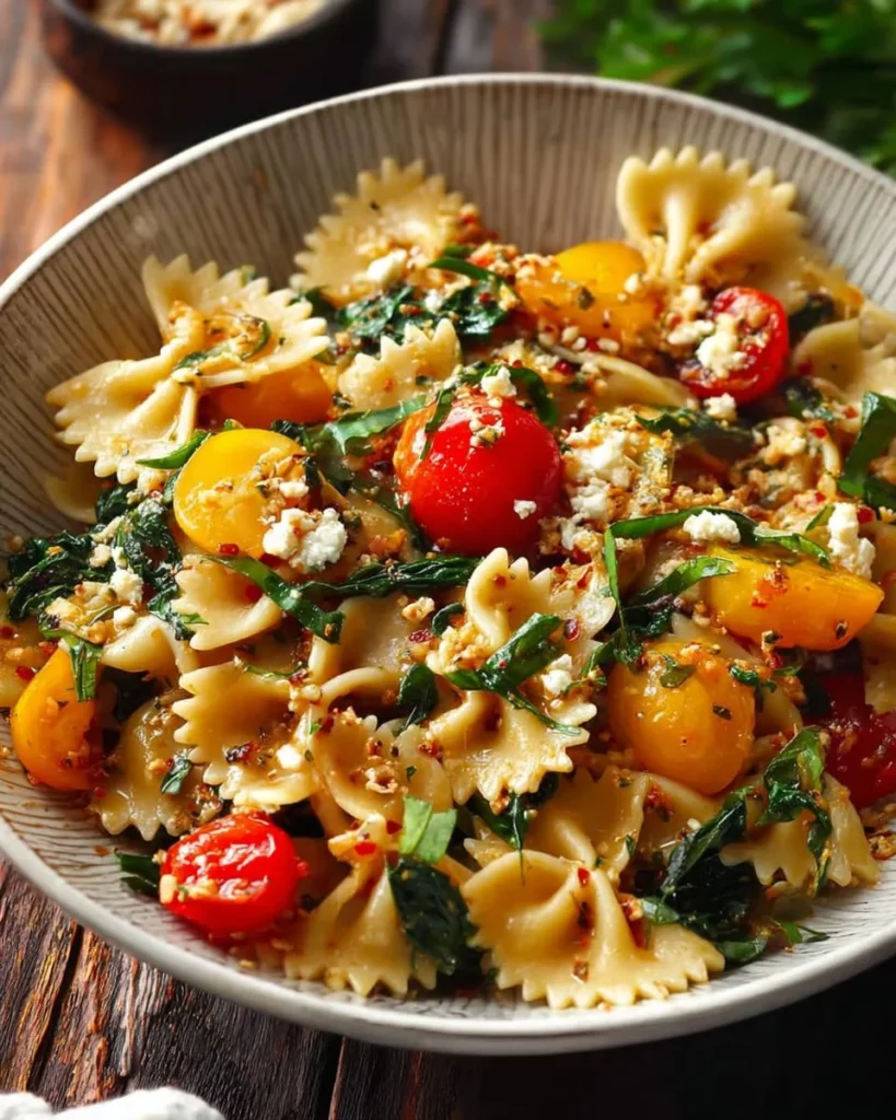 Mediterranean Pasta with feta cheese, spinach, garlic, and cherry tomatoes