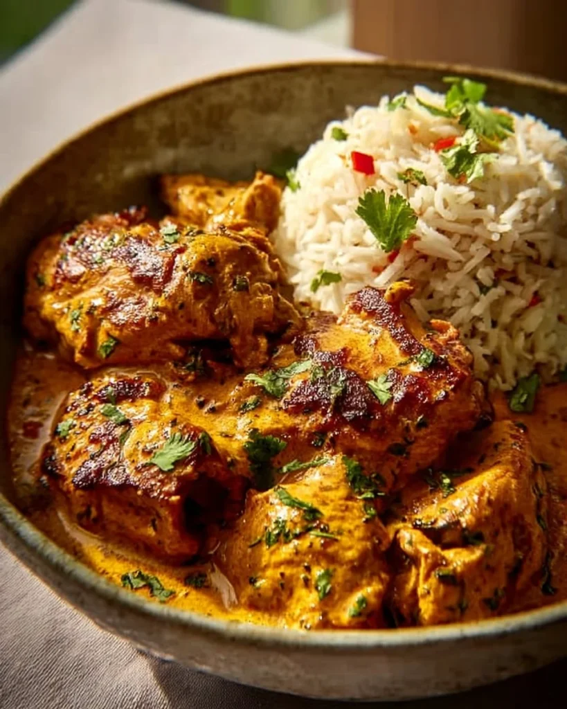 Mediterranean Peri Peri Chicken served with herbed rice on a plate