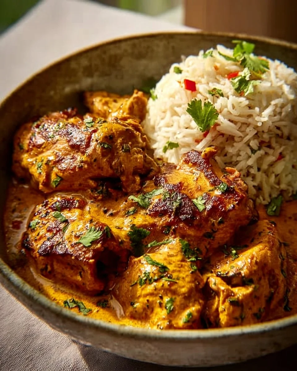 Mediterranean Peri Peri Chicken served with herbed rice on a plate