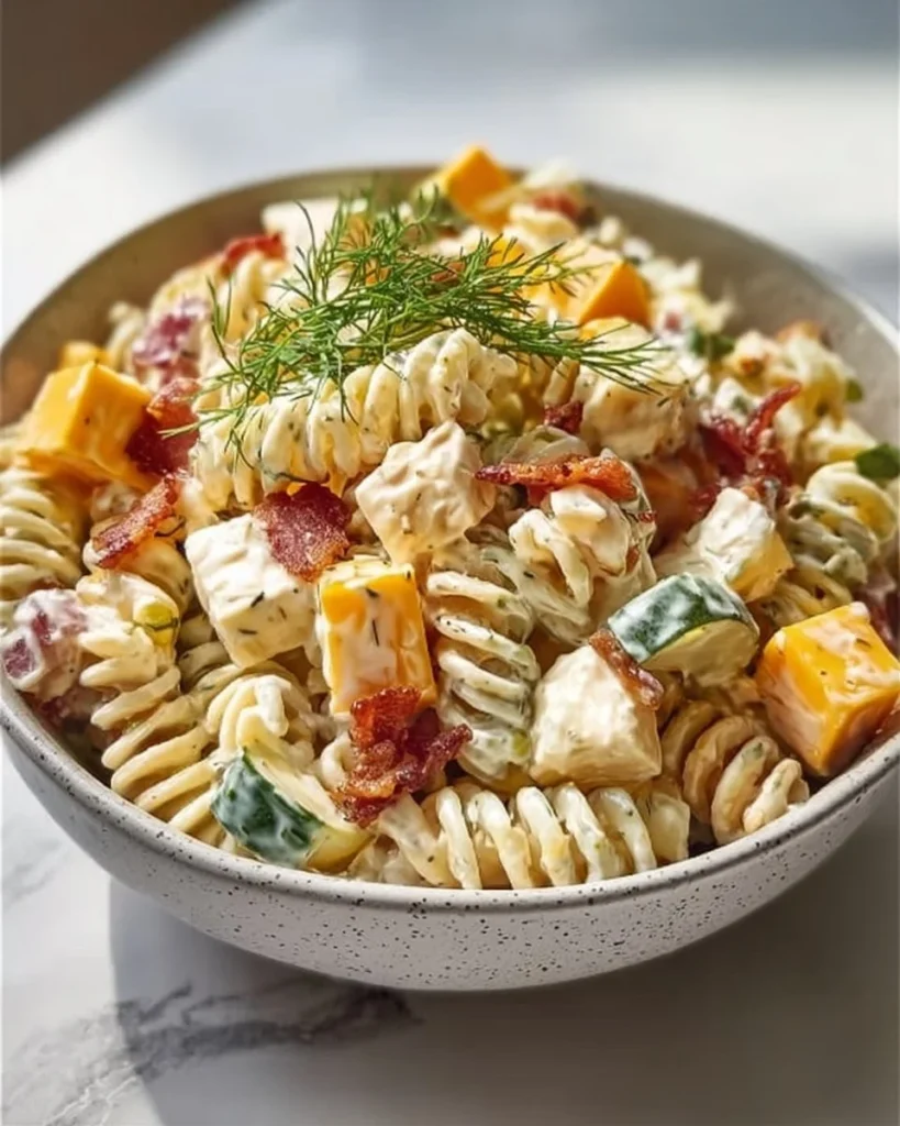 Mediterranean Pickle Pasta Salad topped with feta cheese and fresh herbs