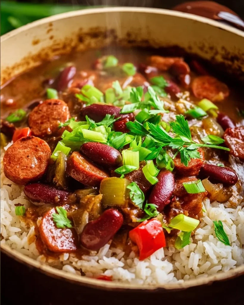 Delicious Mediterranean red beans and rice dish topped with chicken sausage